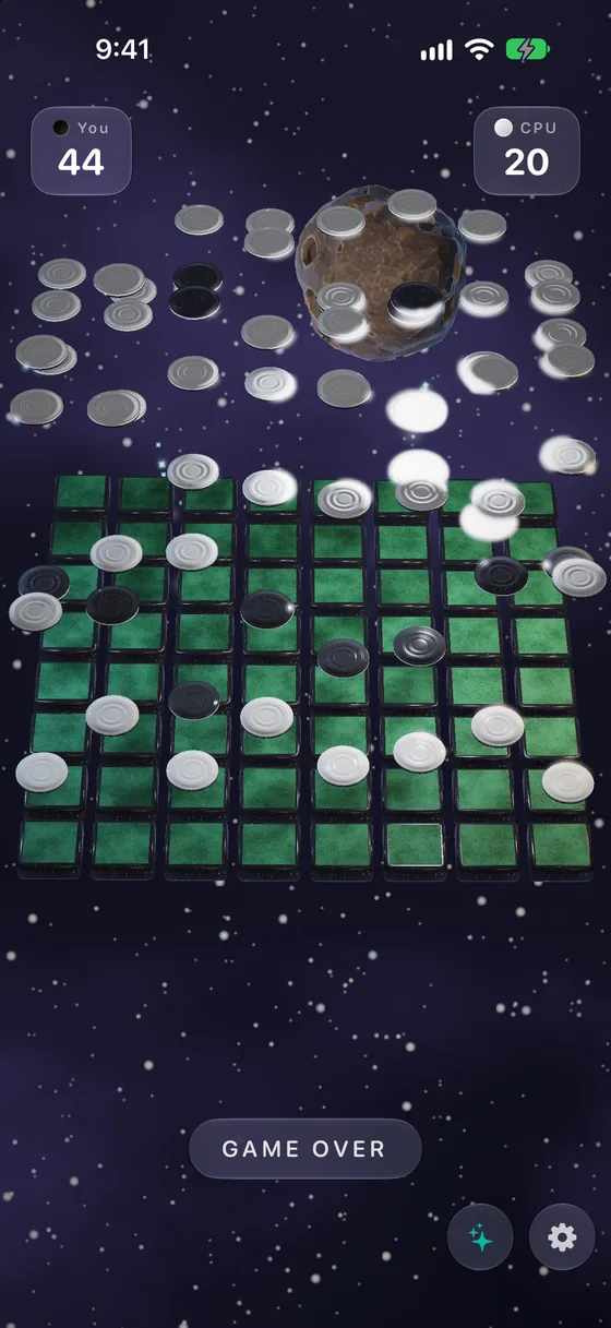 Cosmic Reversi on iPhone: a green board floating in a purple starfield, with discs flying around an asteroid after the game ends. The score reads You 44, CPU 20.